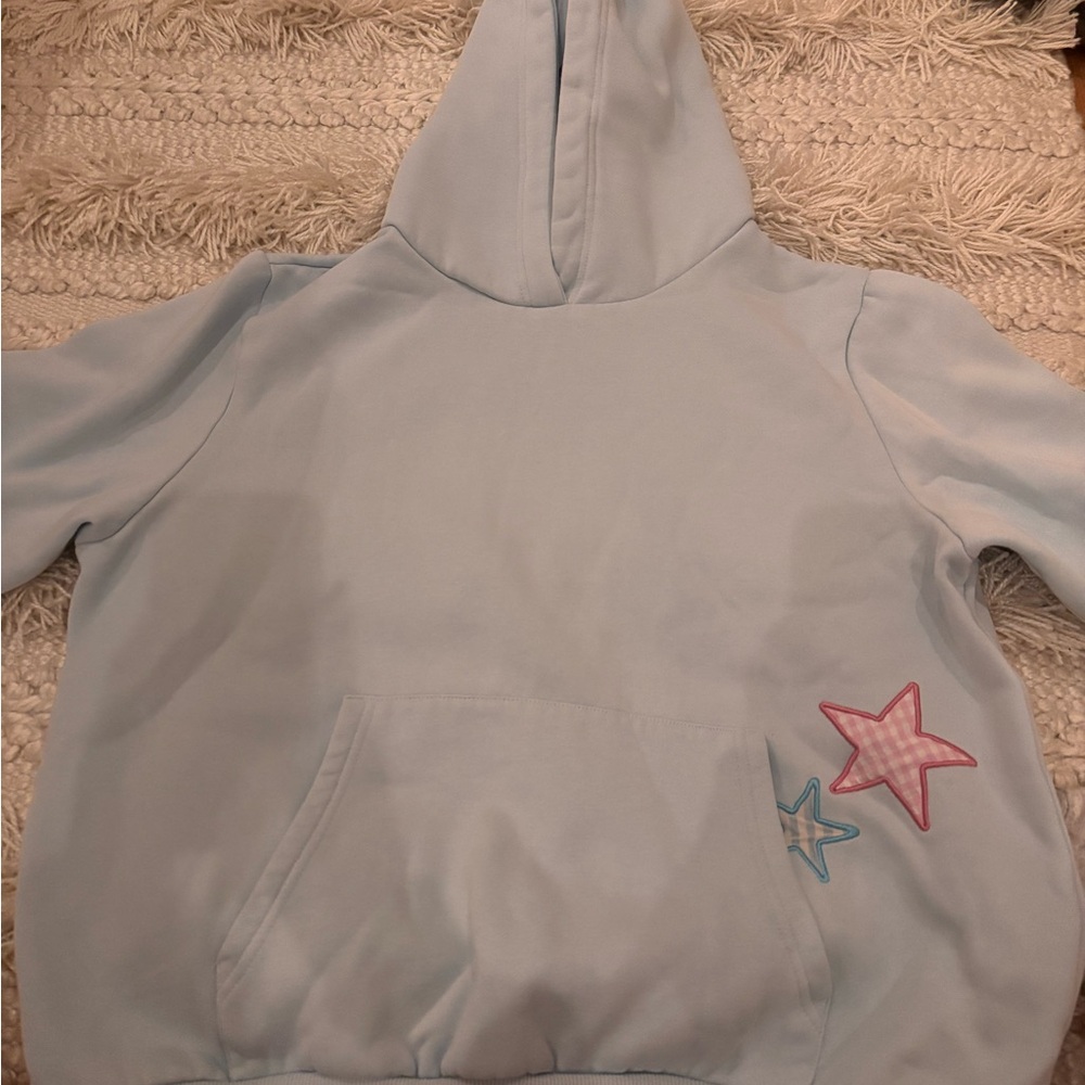 Beginning Boutique Light Blue Hoodie with Star Appliqués